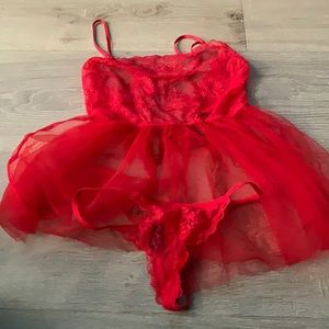 Victorias Secret Beautiful Small Red lace set strappy see through tulle 2 pc set